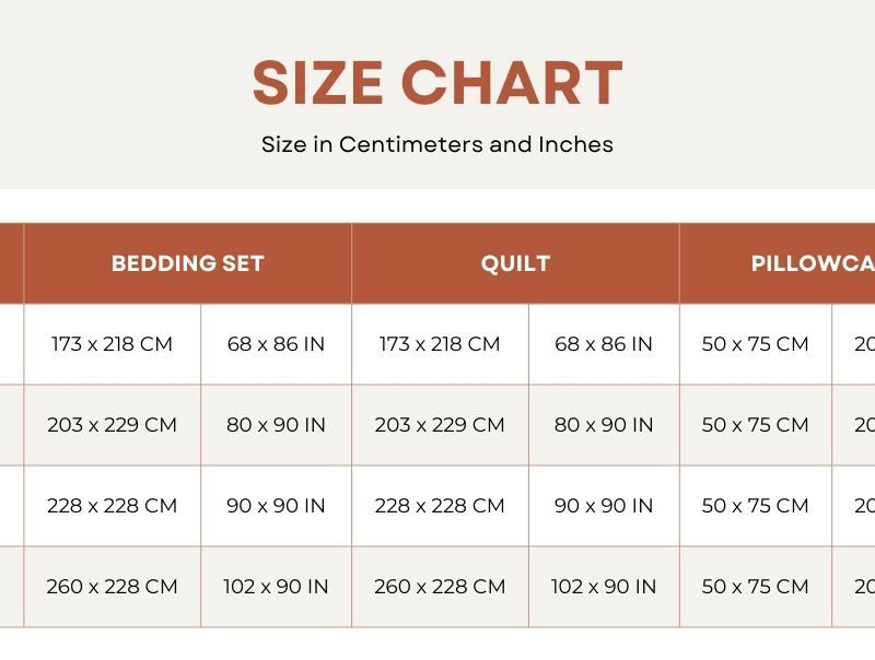 Bedding set sizes