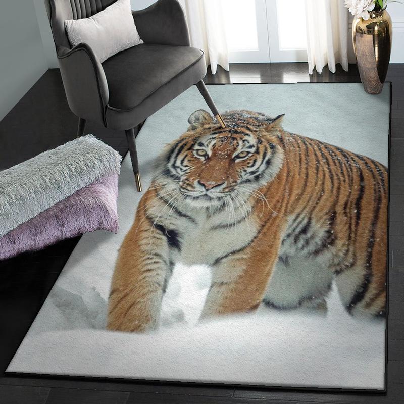 Panthera Tigris Washable Area Rugs Tiger In The Snow Home Decor